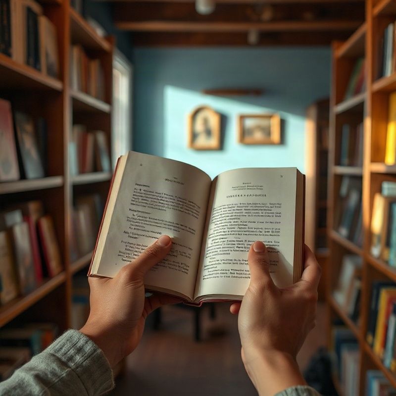 Manos sosteniendo un libro abierto en una pequeña librería uruguaya