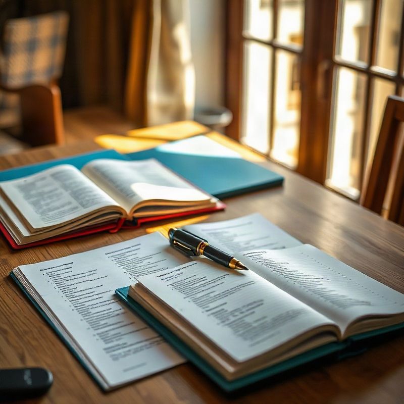 Escritorio de madera con cuadernos abiertos y páginas impresas en luz suave