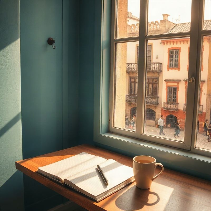 Escritorio junto a una ventana con luz suave en Mercedes, Uruguay
