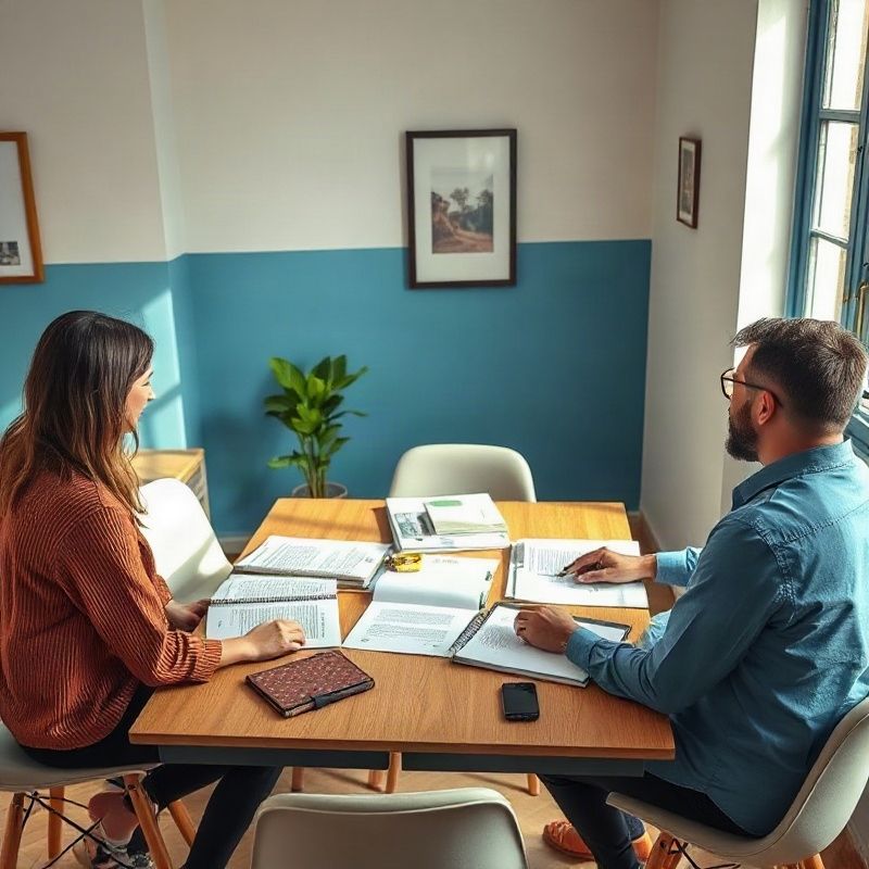 Pequeño equipo editorial de tres personas alrededor de una mesa con borradores impresos