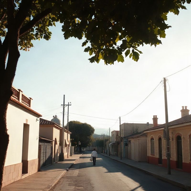 Calle tranquila de Mercedes, Uruguay, con arquitectura baja en luz cálida de la tarde