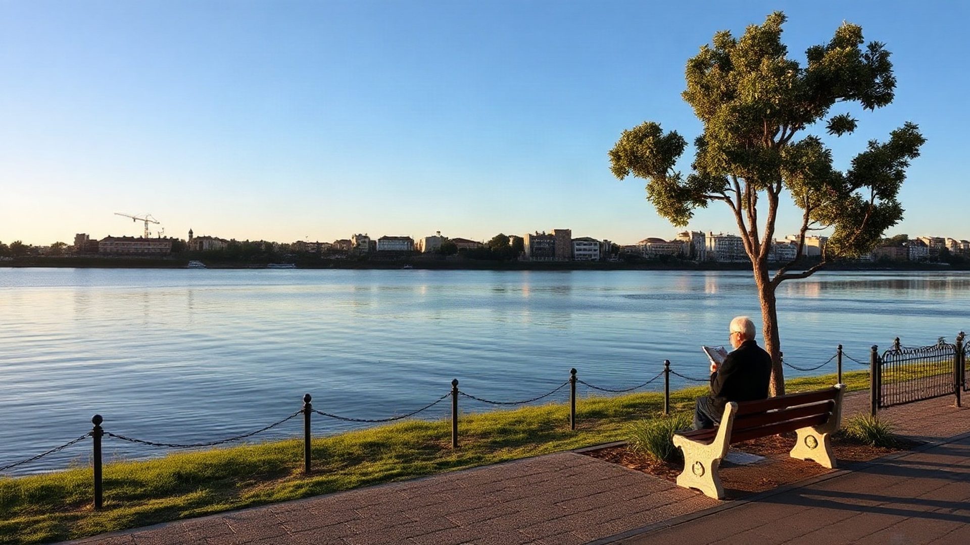 Ribera del río Negro en Mercedes, Uruguay, con cielo azul al amanecer